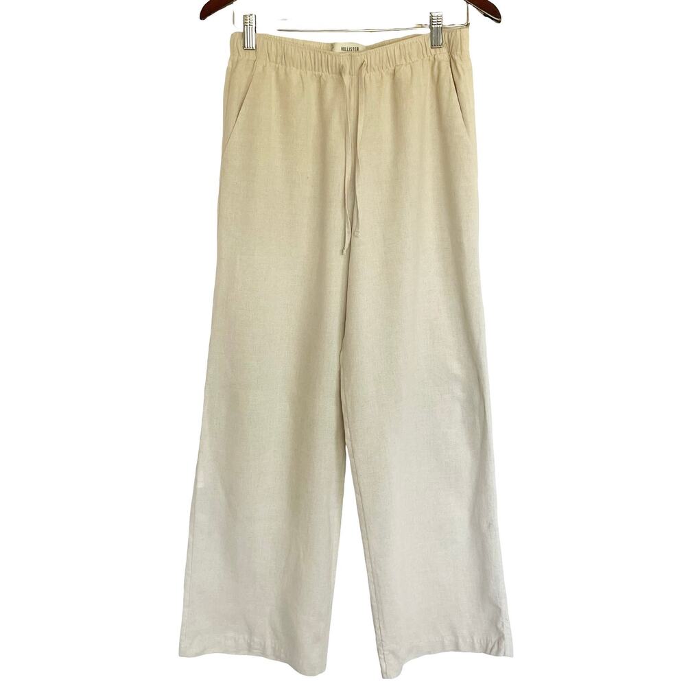 Hollister Ella‎ Adjustable Rise Wide-Leg Linen Blend Pants Sz XS/S Natural Beige